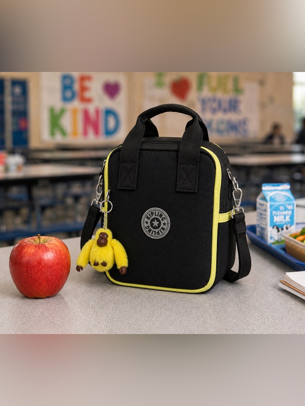 Kipling Lilanna Lunch Bag Crossbody – True Black & Lime w/ Monkey Keychain